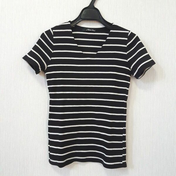 【美品】 レディース ボーダー トップス ブラック×ホワイト 半袖 Vネック Mサイズ Tシャツ カットソー