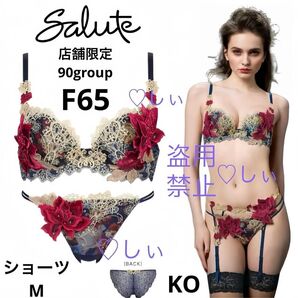 新品タグ付き Salute サルート 90G P-UPブラ F65 & ショーツ M KO ネイビー セット 人気完売