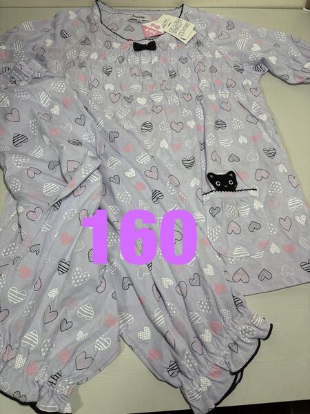 半袖パジャマ キッズ 女の子 160サイズ ハート&黒猫 パープル 6分丈パンツ 新品未使用品