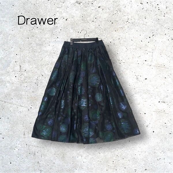 完売品 Drawer ドゥロワー ジャガードフレアスカート ラメ タックギャザー