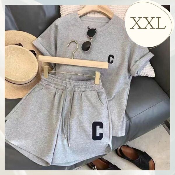 セットアップ ルームウェア 半袖 ショートパンツ 韓国 夏 部屋着 XXL グレー