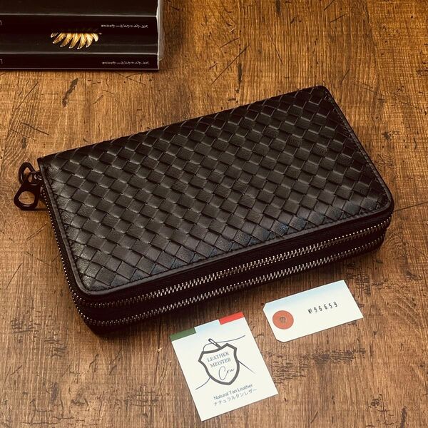 シープレザー「新品」ダブルファスナー 羊革 編み込み イントレチャート 長財布 メンズ ラウンドファスナー ラム 本革 黒