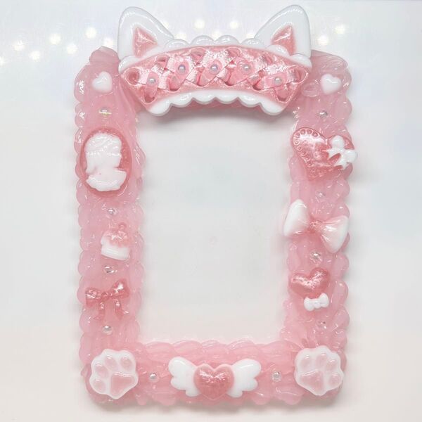 【No.16】ホイップデコ トレカケース 猫耳 ヘッドドレス ベビーピンク ハート リボン 即購入可