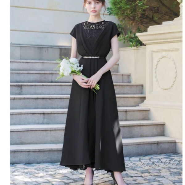 girl パールベルト付きカシュクール風レース切替ロングフレア結婚式パーティードレス