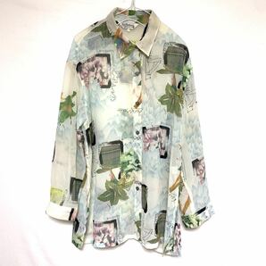 古着 vintage Newfashion 長袖 総柄 シースルー シャツ 植物 花 緑 グリーン 水色 ライトブルー ピンク