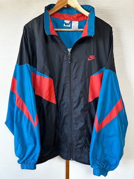 NIKE希少デザイン☆90s ナイキ 両面刺繍 ナイロンジャケット 黒青赤ピンク 2XL トラックジャケット ウインドブレーカー