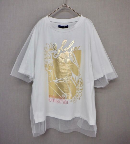 箔プリントチュール重ねTシャツ