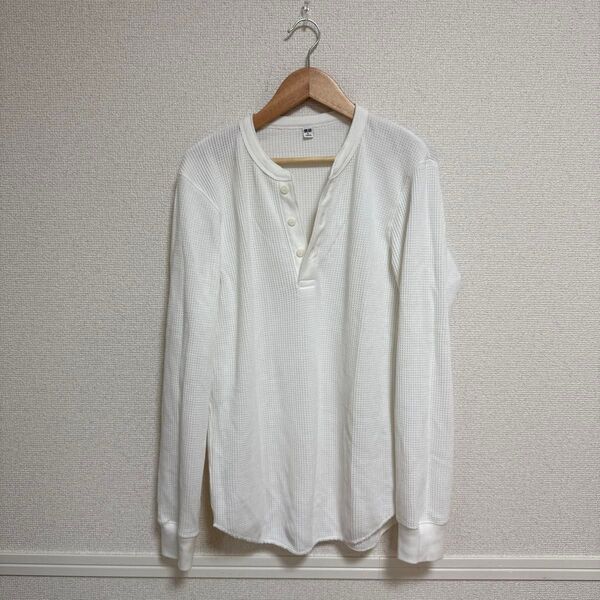 長袖 カットソー ホワイト ヘンリーネック トップス 長袖Tシャツ ポロシャツ ロンT S 男女兼用 特別価格★人気商品★
