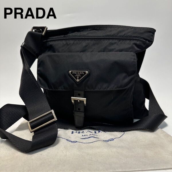 q68【極美品】プラダ 三角ロゴ ナイロン レザー ブラック ショルダーバッグ PRADA クロスボディ