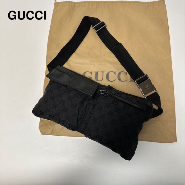 r17【美品】グッチ GGキャンバス レザー ブラック ウエストポーチ ショルダーバッグ GUCCI