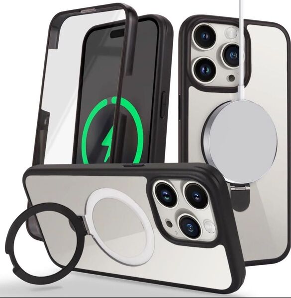 iPhone13/14ケース MagSafe対応 スタンド クリア ブラック 両面カバー シンプル スマホケース