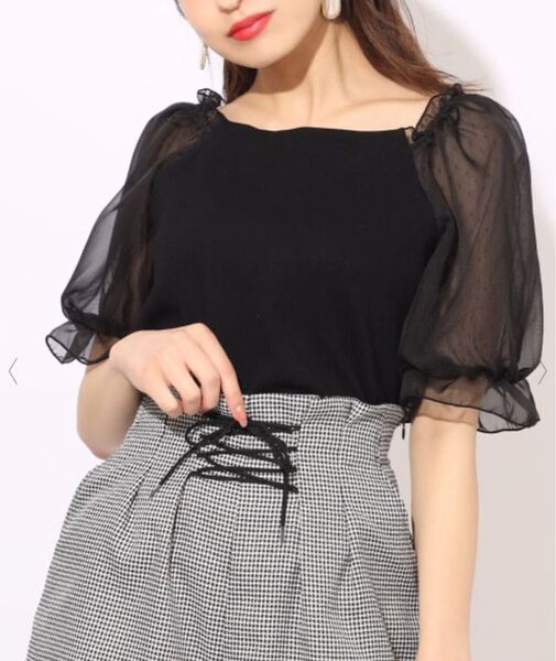 oneafteranotherNICECLAUP テレコ袖コンシャストップス ブラック トップス 半袖ブラウス