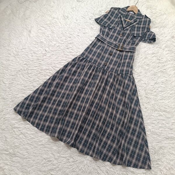 axes femme アクシーズファム POETIQUE ロングワンピース ケープトレンチ風ワンピース M 38 9号 チェック