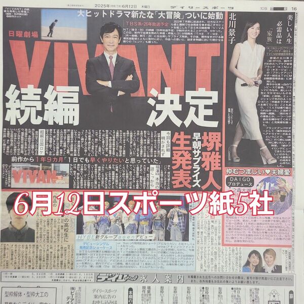 匿名配送!送料込み! 6月12日 朝刊 スポーツ紙全5社