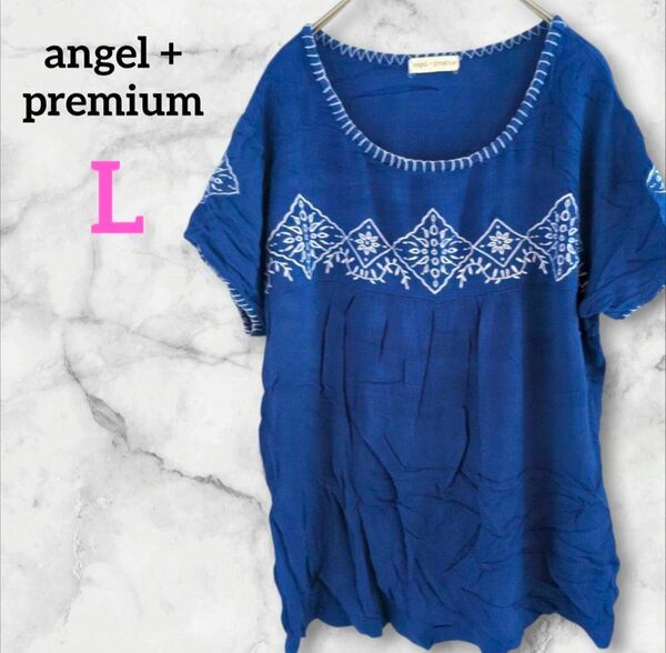 angel + premium【L】刺繍チュニック 半袖 青 春夏 おしゃれ 涼しげ ブルー カジュアル カットソー