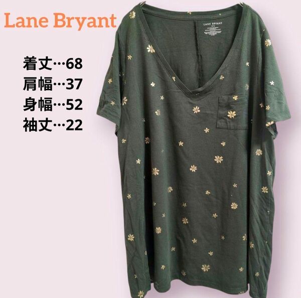 Lane Bryant ダークグリーン Vネック Tシャツ 花柄 ヴィンテージ 半袖Tシャツ 緑 深緑 レトロ プリント