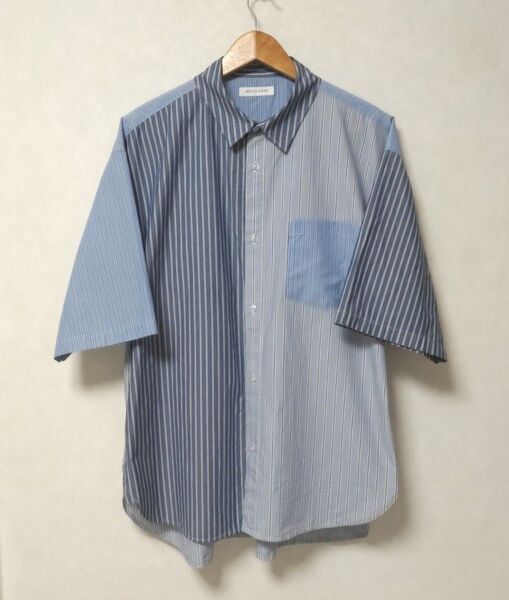 【極美品】FREAK'S STORE メンズ 半袖 リラックスフィット 切替 レギュラーカラー ストライプシャツ L ブルー
