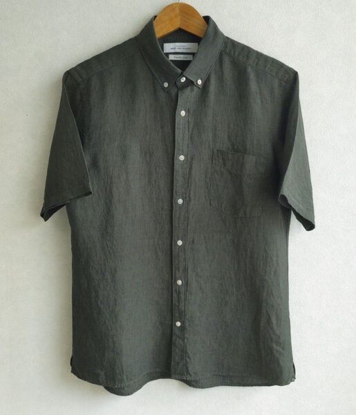 【極美品】GREEN LABEL RELAXING メンズ 半袖 フレンチリネン ボタンダウンシャツ L グリーン