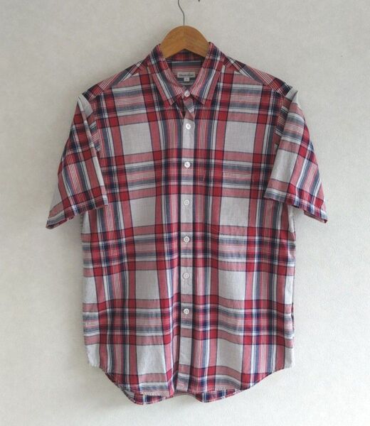 【極美品】Steven Alan メンズ 半袖 コットン リバースシーム レギュラーカラー チェックシャツ L レッド