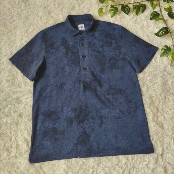 【極美品】ZARA メンズ 半袖 レギュラーフィット 総柄 ポロシャツ XL ネイビー