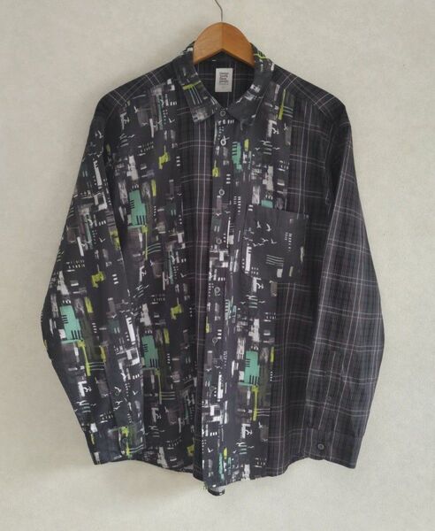【美品】graniph メンズ 長袖 コットン 総柄 デザインシャツ L ブラック