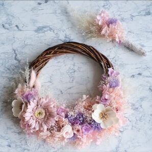 リースブーケ ブートニア (ピンク&パープル&ホワイト リース ウェディング)