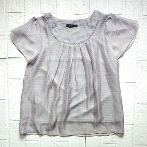 【美品】C.D.S BASIC シフォン半袖トップス サイズM パールシルバー ビーズデザイン フレンチスリーブ ふんわり