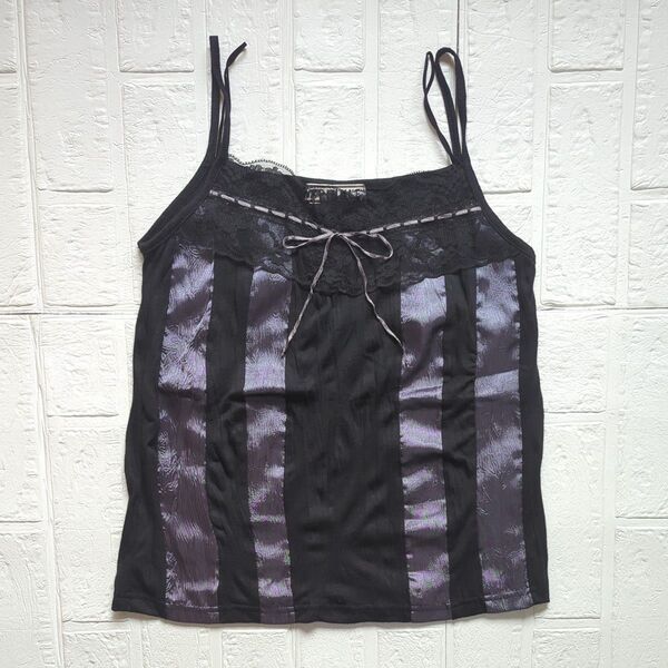 【未使用】SPINKLE スピンクル シフォンフリルレースキャミソール ブラック 光沢シルバー サイズM ダブルストラップ