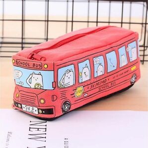 スクールバスペンケース(レッド)こども筆箱小物入れねこうさぎくま