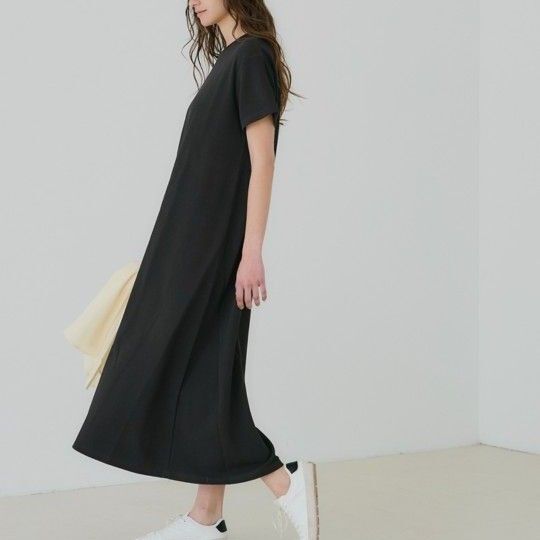 新品 未使用 コカ coca エンボス 半袖 マキシワンピース レディース ワンピース 黒 ブラック BLACK L エンボス加工