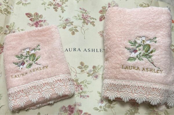 ローラアシュレイ フェイスタオル&ウォッシュタオル アンジェリカ 花柄 ピンク レース 刺繍
