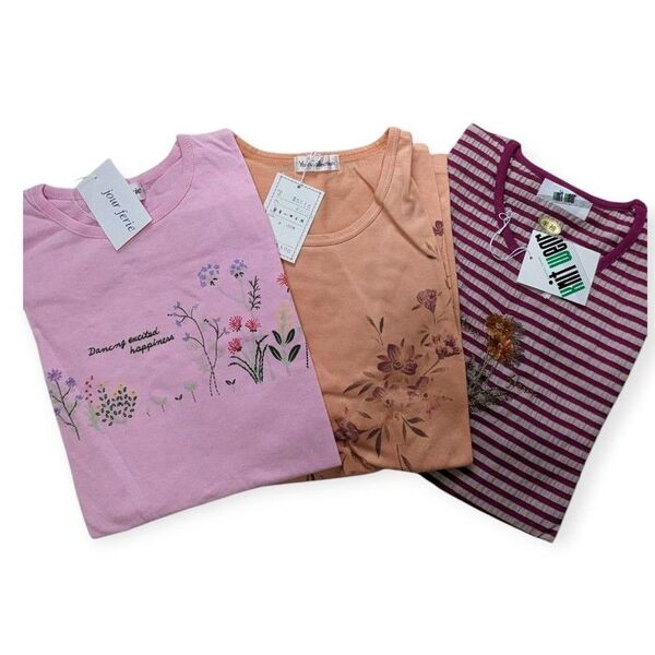 jour ferie 花柄 半袖 Tシャツ ピンク オレンジ ボーダー M フリー セット