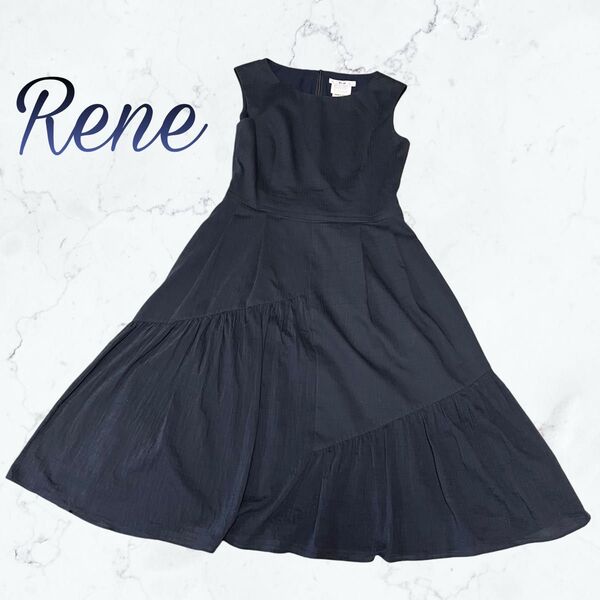 【美品】Rene フレア Aライン ノースリーブ ワンピース ネイビー 36 ひざ丈