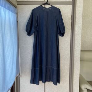 デニムワンピース ボリュームスリーブ ラウンドネック ブルー
