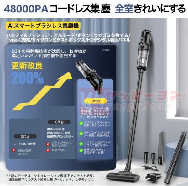 即納 掃除機 コードレス 充電式 強力吸引 人気 サイクロン式 48000Pa 軽量 TypeC充電式 スティック 車両用