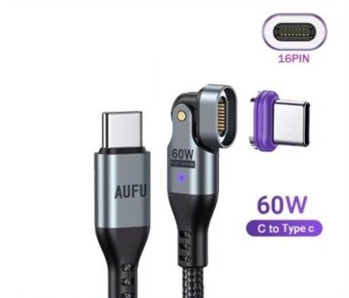 AUFU 16pinマグネット式充電ケーブルL字型180°回転(Type C※PD60W※2.0m)3A急速充電・データ転送対応