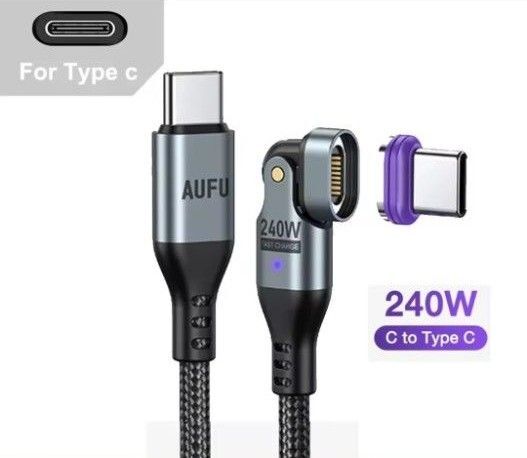 AUFU 16pinマグネット式充電ケーブルL字型180°回転(Type C※PD240W※1.8m)5A急速充電・データ転送対応