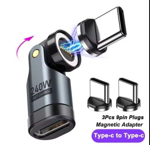 AUFU 9pin マグネット USB-C 変換アダプタL字型 180°回転(PD240W)Type-C 変換アダプタ×1端子×3