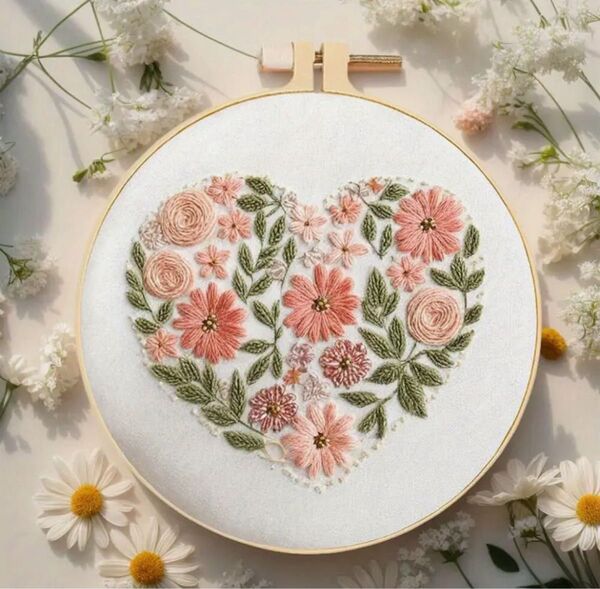 ハート 花 ピンク フランス刺繍 刺繍キット 簡単 初心者 くすみカラー 自転車 プレゼント 可愛い ハンドメイド ステッチ