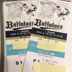 8月16日(土)14時オリックス対埼玉西武下段バリューシート2枚連番