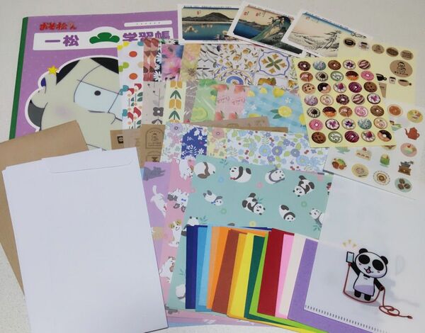 【紙雑貨セット】 デザインペーパー(折り紙) 封筒 ノート 浮世絵カード シール ミニクリアファイル