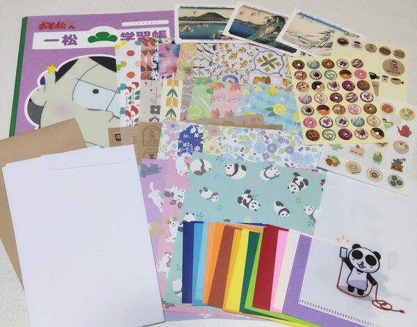 【紙雑貨セット】 デザインペーパー(折り紙) 封筒 ノート 浮世絵カード シール ミニクリアファイル