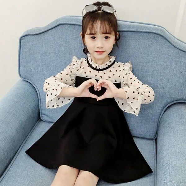 ワンピース 黒 ブラック ハート 長袖 130 キッズ 女の子 シースルー 韓国