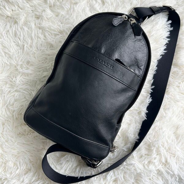 美品 COACH コーチ ボディバッグ ショルダーバック チャールズ メンズ ロゴ型押し シボ革 左右切り替え可 黒 ブラック