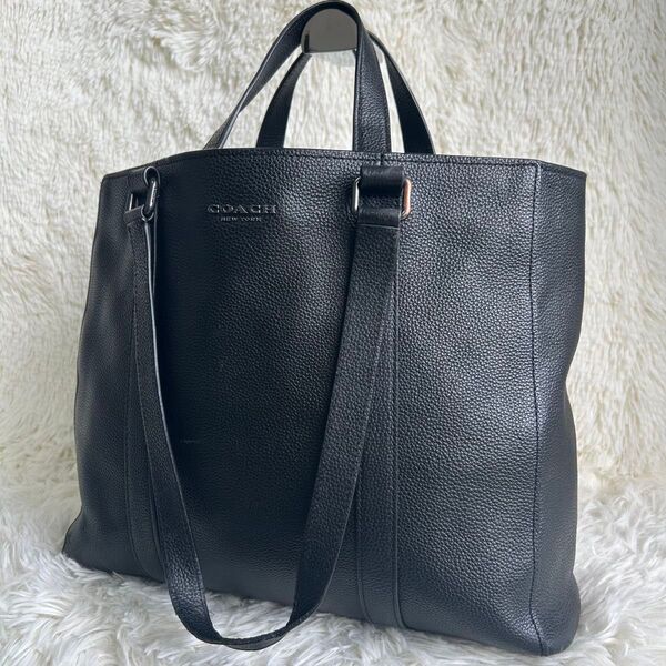 美品 COACH コーチ トートバッグ ハンドバック 2way ハドソン ダブルハンドル シボ革 A4可 大容量 通勤 ブラック