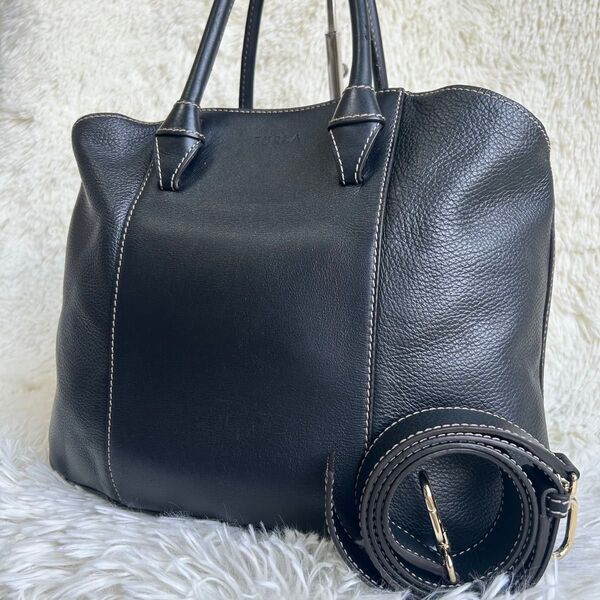 良品 現行 FURLA フルラ ショルダーバッグ トートバック 2way 肩掛け 斜め掛け ミアステラ シボ革 大容量 ブラック