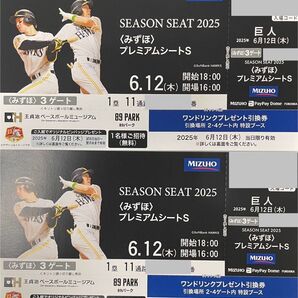 6月12日(木)福岡ソフトバンクホークスみずほプレミアムシートS 2枚