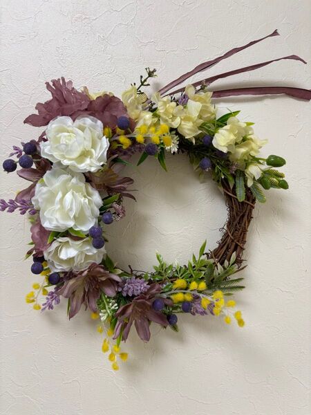 フラワーリース ハンドメイド 造花 ホワイト パープル イエロー