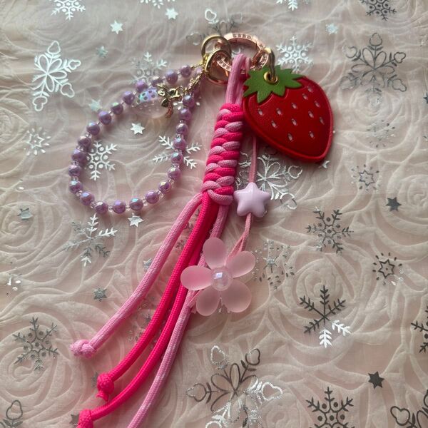 ハンドメイド ジャラジャラキーホルダー ストラップ ピンク系