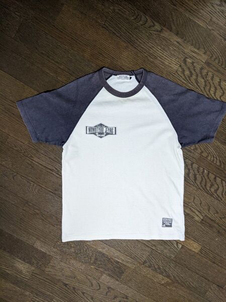 送料込 桃太郎ジーンズ Tシャツ 生成x濃いめグレー Mサイズ MOMOTARO JEANS ジャパンブルー JAPAN BLUE